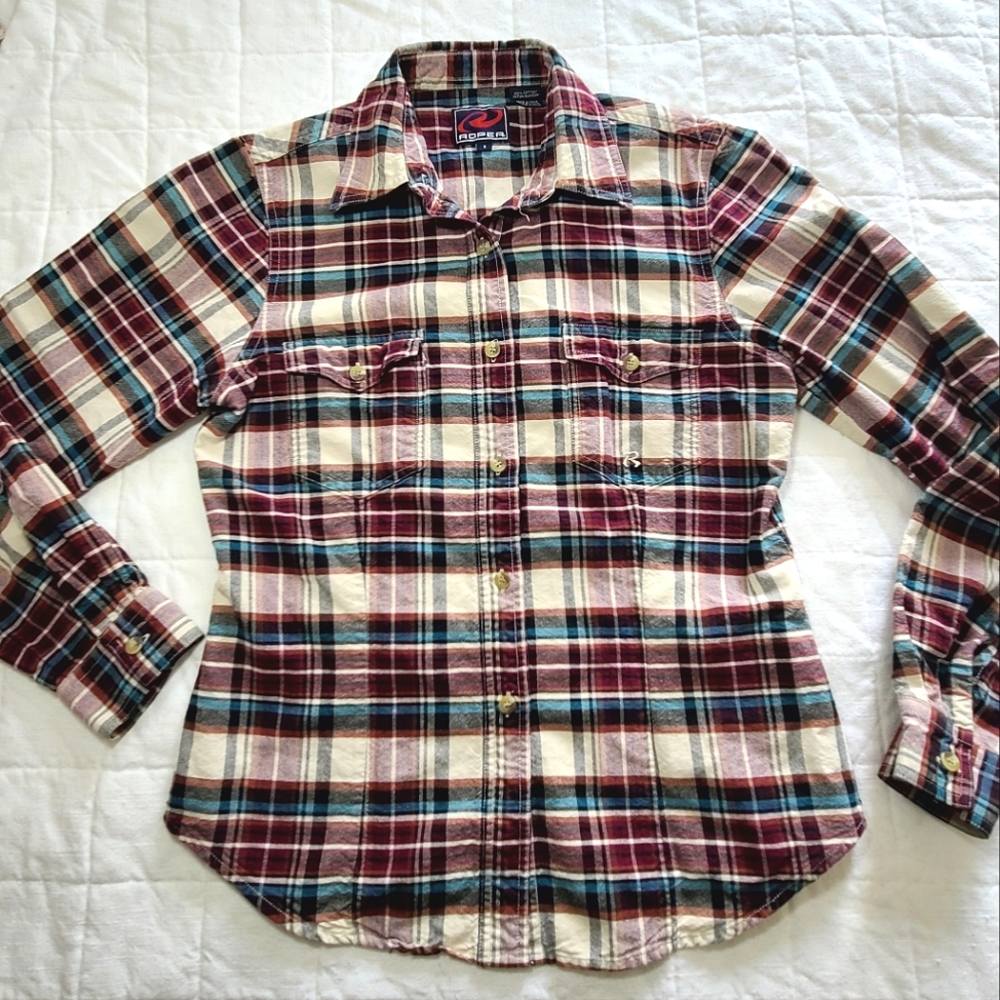 Roper Womens Western Shirt Size S Plaid Long Sleeve burgundy blue cream